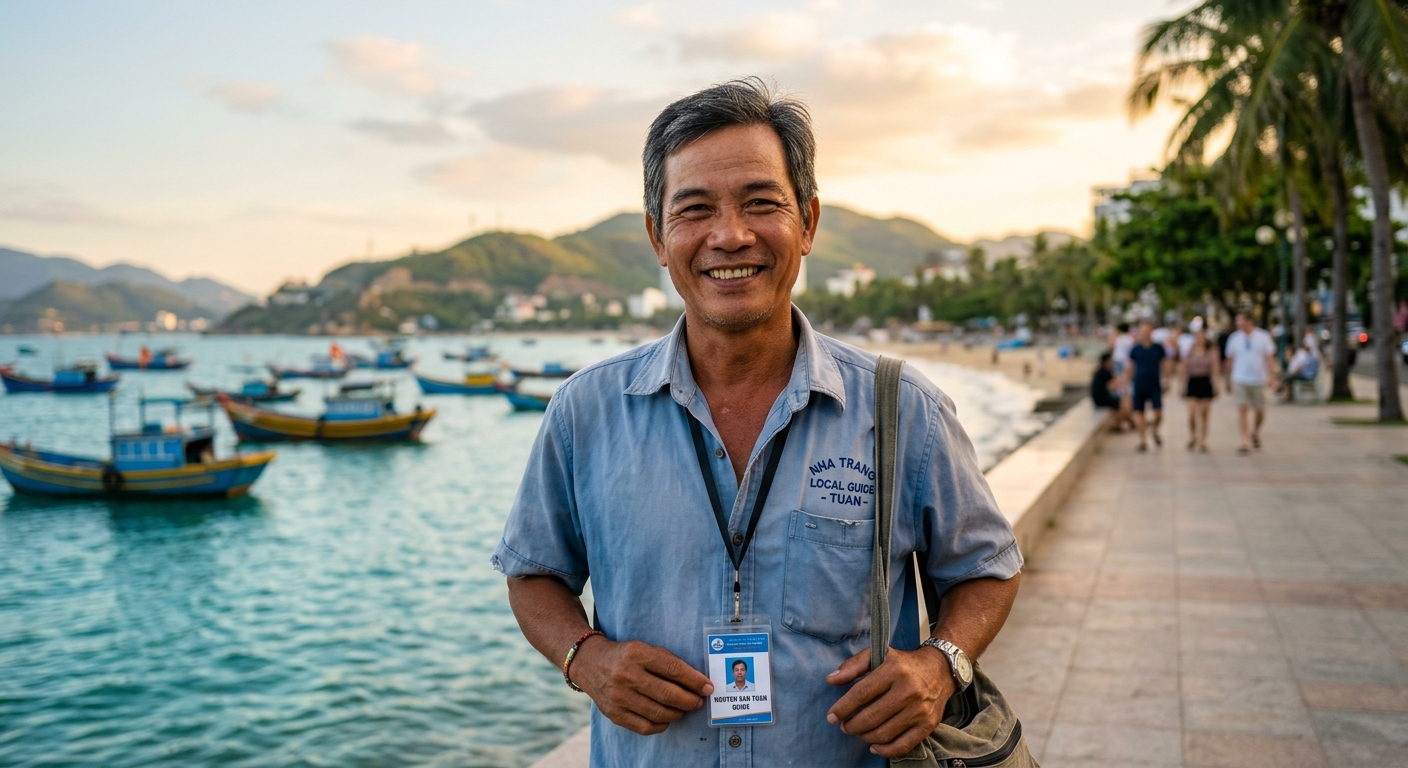 Nha Trang local guide standing near a coastal harbor
